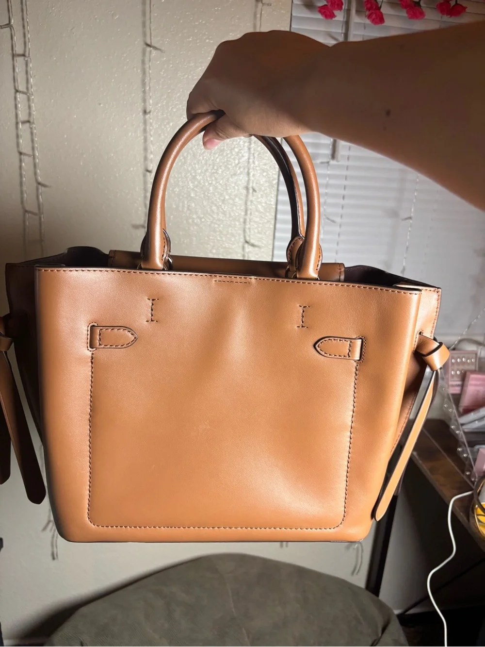 Michael Kors Camel Leather Satchel with Gold Chain Accent